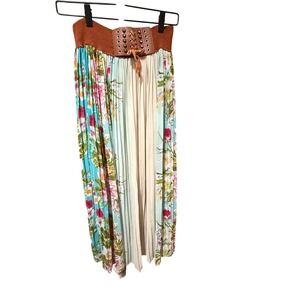 Mint Green Maxi Skirt Floral Pleated Corset Waist M  Excellent Boho Whimsical